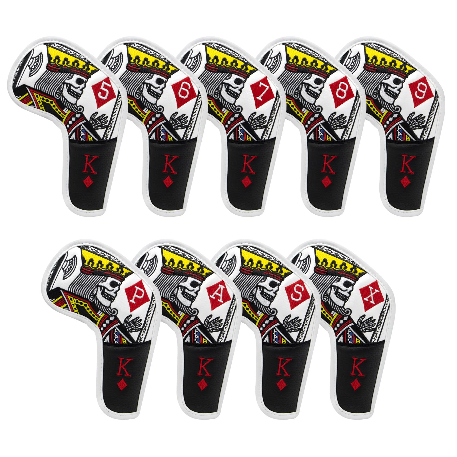 BAIRBRE Golf Iron Covers,Poker Diamond King Golf Iron Head Covers 9pcs Golf Iron Headcovers Leather Golf Club Head Covers for Iron with Magic Tape Fit Titleist,Callaway,Ping,Taylormade 5-9 APSX