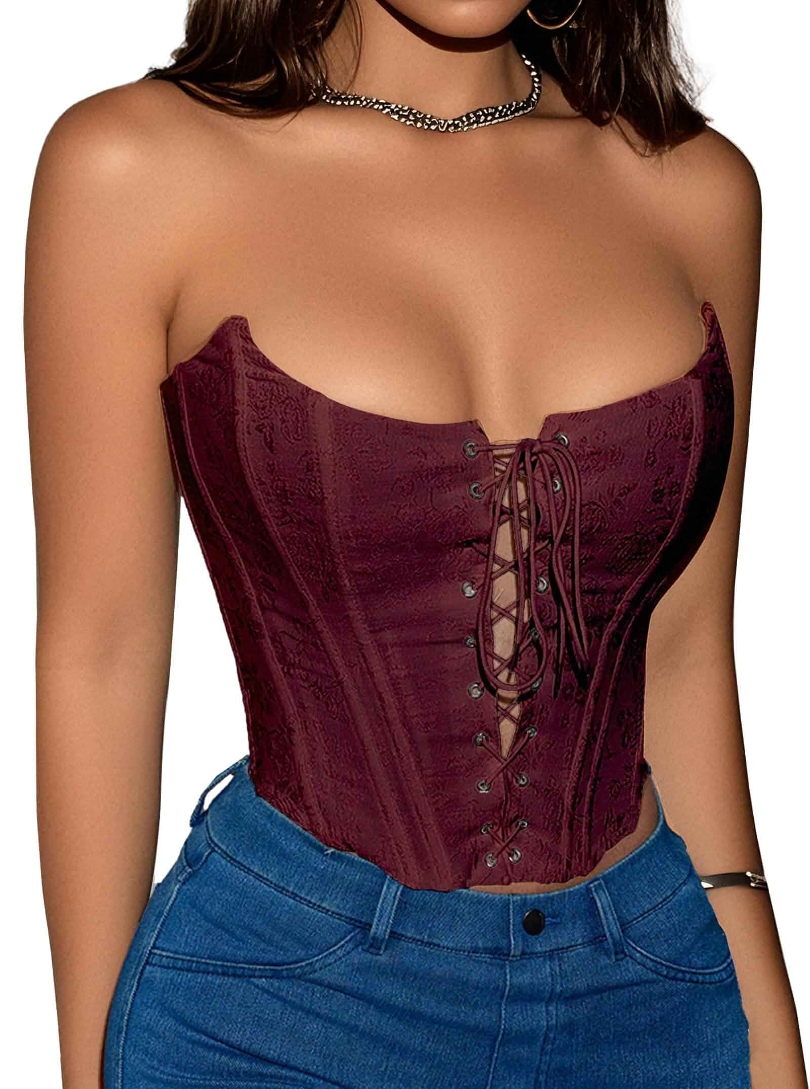 Corset Tops for Women Lace Backless Sexy Going Out Bustier Top Cropped Y2k Lace Floral Embroidery Texture,Backless Overbust,Boned Structure,Laced-up,Flattering Fitted,Sexy Club Outfits,Party Concerts