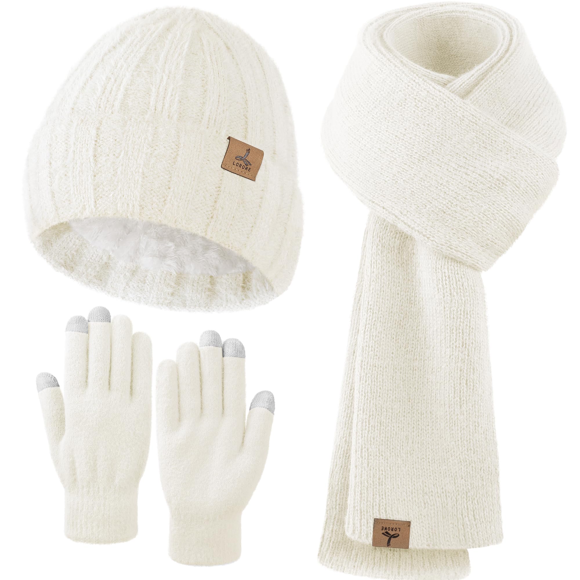 Winter Beanie Hat Scarf Gloves Warm Fleece Knit Hat Long Scarf Neck Warmer Touch Screen Winter Gloves Set
