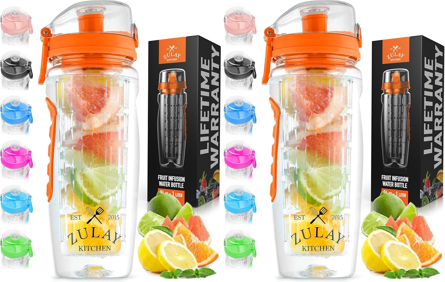 Zulay Kitchen 34 oz Large, Leakproof Fruit Infuser Water Bottle with Anti-Slip Grip - Men and Women's Ideal Fitness Gift Or For Gym, Camping, and Travel - Sunrise Orange (Pack of 2)