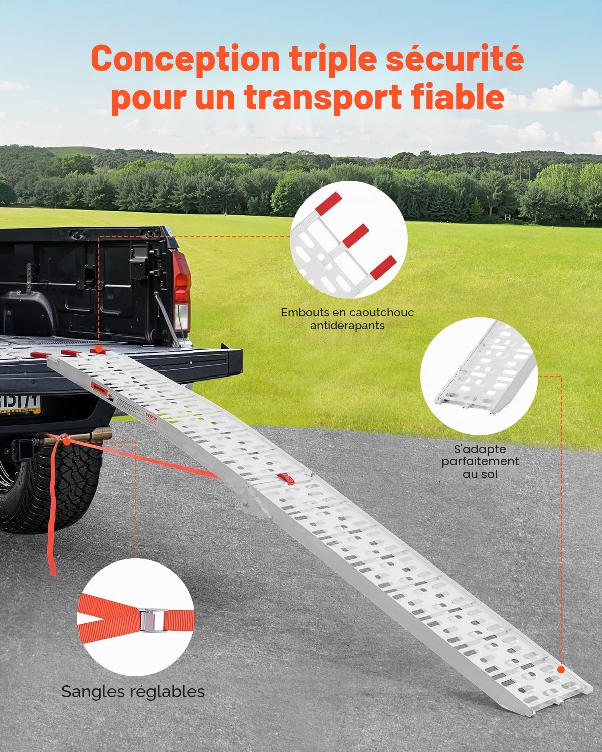 VEVOR Rampe d'accès en Aluminium, 1 pièce, Rampe de Chargement Pliable, Charge de 340 kg, avec Surface Plus Large, Robuste, Stable et Universelle, avec poignées, pour Moto, Scooter électrique, vélo