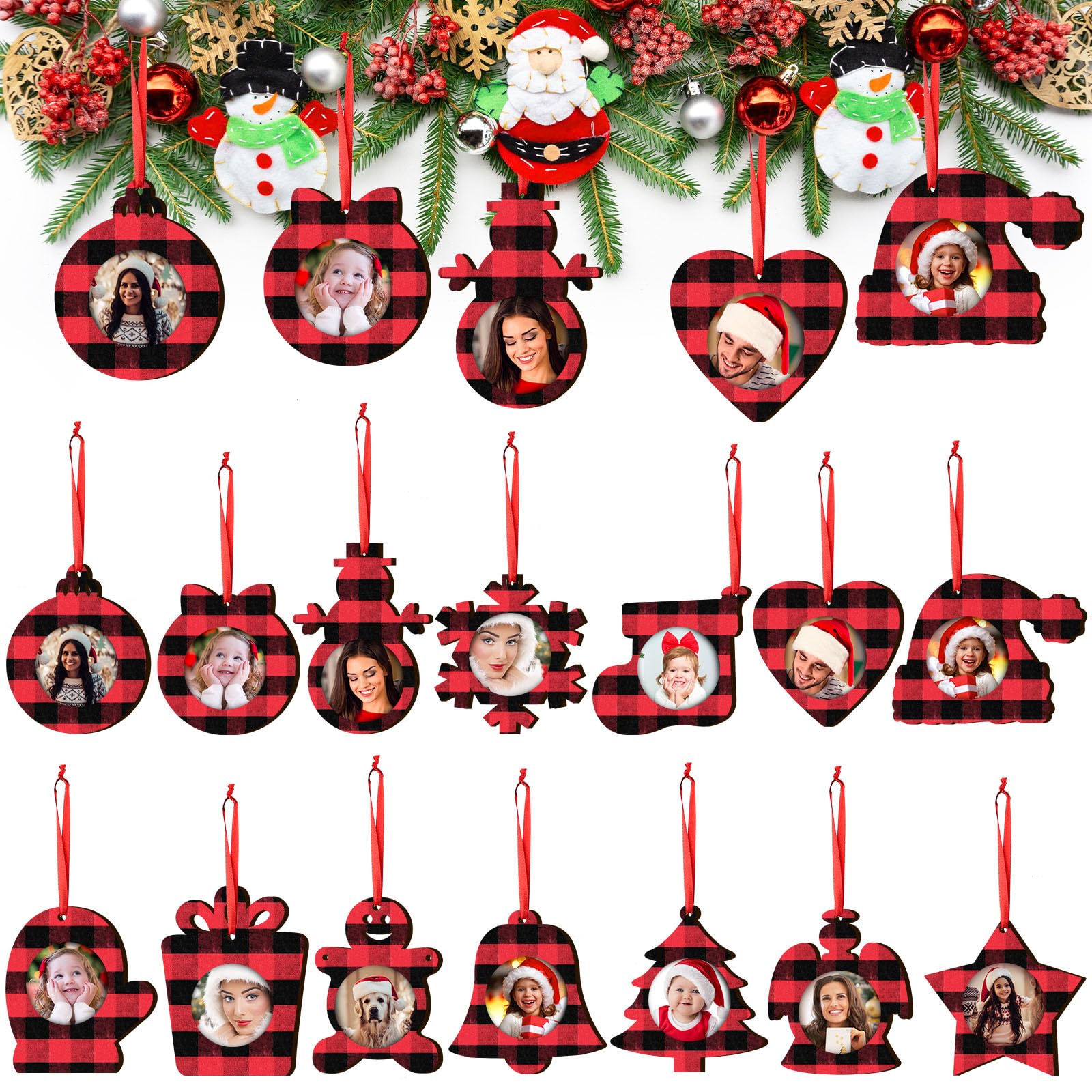 Jetec 14 Pieces Christmas Picture Frame Ornaments Unfinished Wood Ornaments to Paint Christmas Hanging Decor for Holiday Picture Frame DIY Presents and Xmas Tree Decoration(Red and Black)