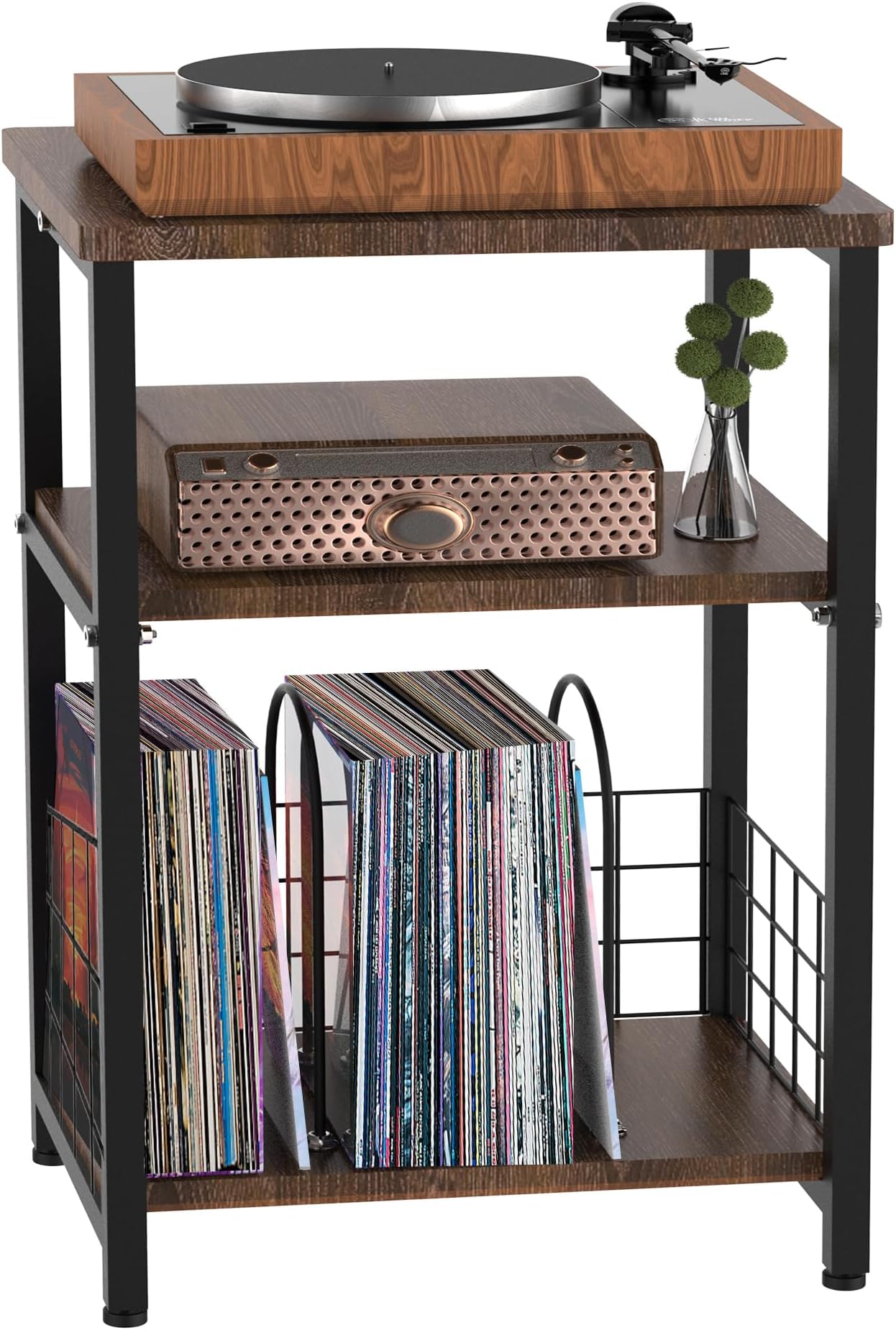 Record Player Stand, 3 Tier End Side Table with Vinyl Record Storage Basket, Turntable Table up to 100 Albums Record Shelf Display Holder Cabinet for Living Room, Bedroom, Office