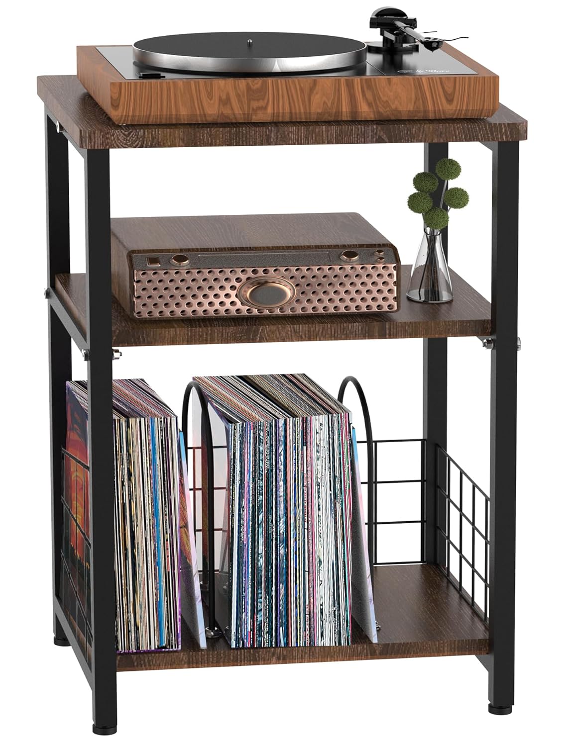 Record Player Stand 3 Tier Side End Table with Vinyl Record Storage Basket Turntable up to 100 Albums