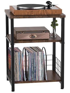 Record Player Stand 3 Tier Side End Table with Vinyl Record Storage Basket Turntable up to 100 Albums