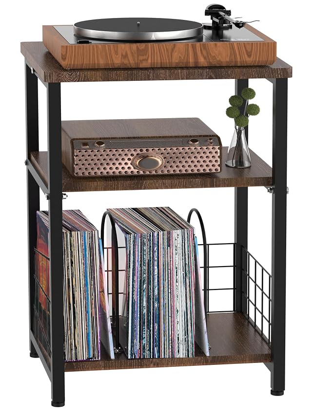 Record Player Stand 3 Tier Side End Table with Vinyl Record Storage Basket Turntable up to 100 Albums