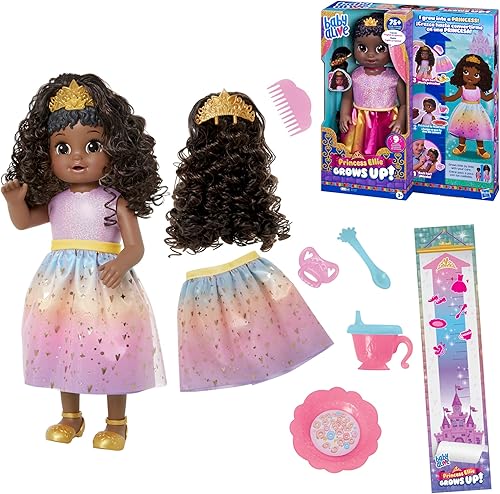 Miniatura 9 de Baby Alive Princesa Ellie Grows Up! Muñeca de pelo negro para niñas y niños de 3 años en adelante, 18 pulgadas