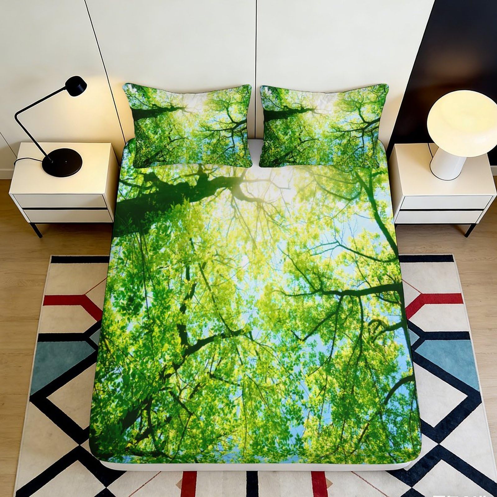 Jqzkxnhpbr Style-6 3D Printed Forest Canopy Fitted Sheet Microfiber Soft Green Leaves Mattress Cover For Bedroom Decor Protection 90X200x25cm