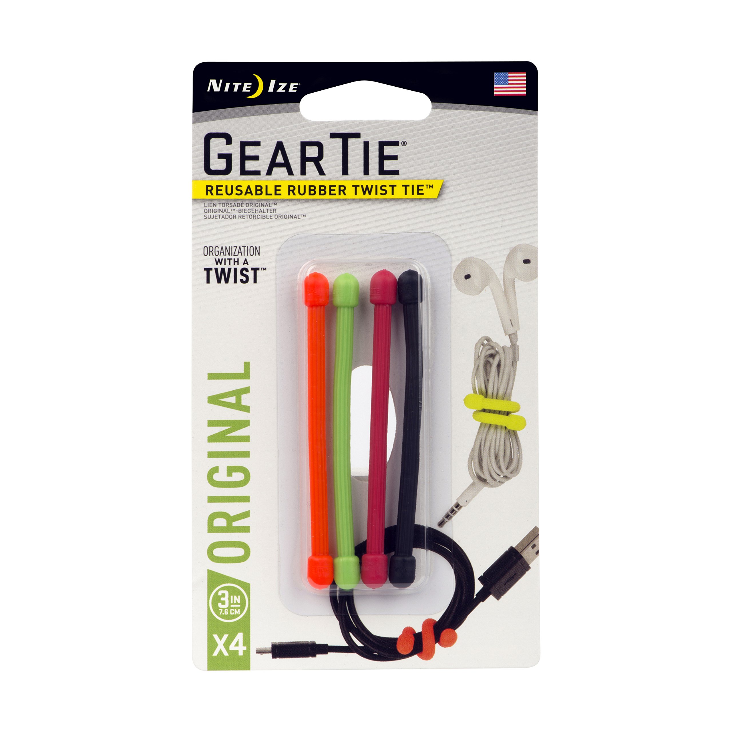 GT3-4PK-A1 Gear Tie Reusable Rubber Twist Tie, 3-Inch Length, Orange, Green, Red and Black, Pack of 4