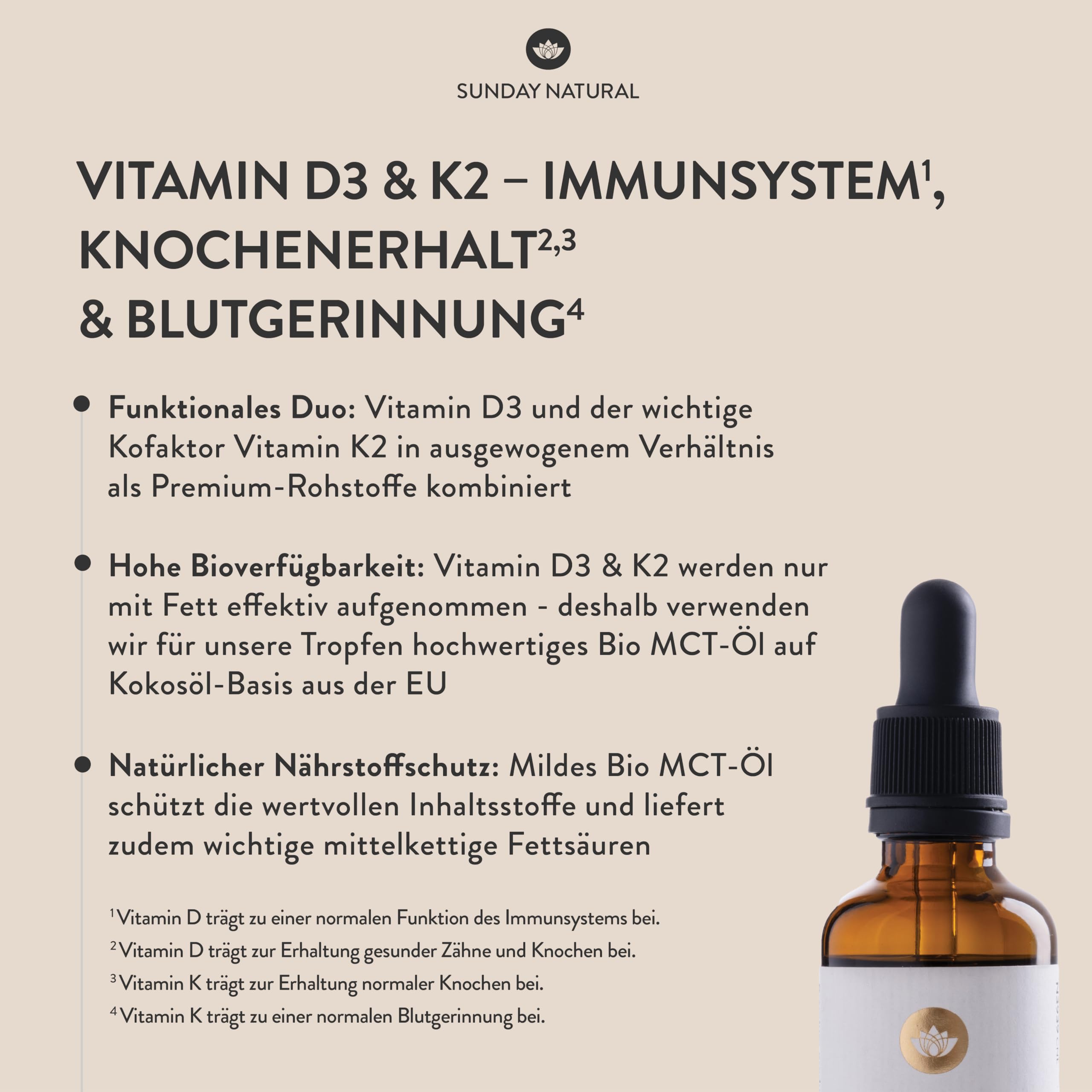 SUNDAY NATURAL® Vitamin D3 K2 Tropfen – Vitamin D 3 5.000IE (125µg) + K2-MK7 ≥99,8 % + all-trans 50µg – Vegan, Hohe Bioverfügbarkeit, ohne unnötige Zusätze