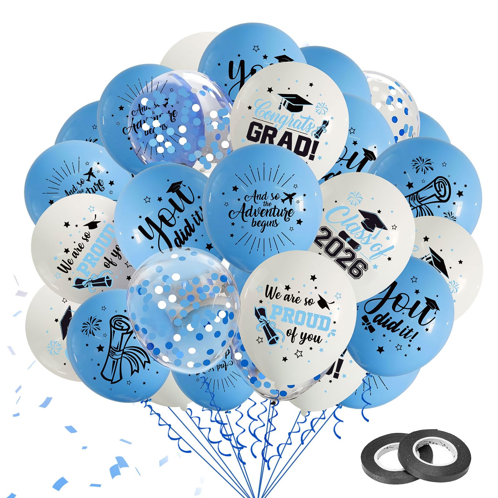 75Pcs Light Blue Graduation Balloons Decorations Class of 2026 Graduation Party Supplies with Grad Balloon Ribbons for Grad Party Decoration
