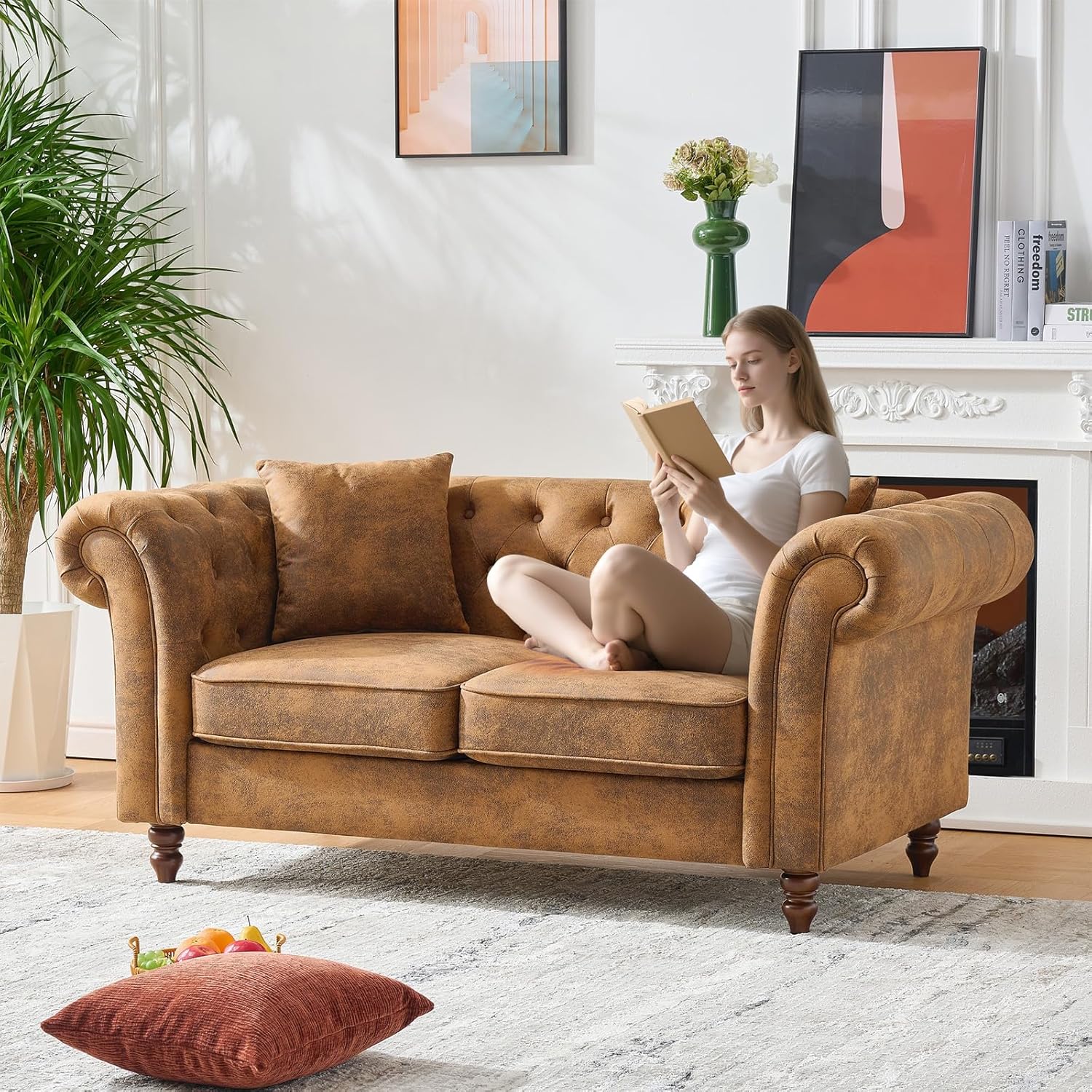 Mid Century Modern Faux Leather Couch, 66" Chesterfield Sofa Tufted Loveseat Sofa w/ Nailhead Trim, Rolled Arms Comfy Upholstered Deep Seating Settee Love Seat for Living Room Office(Brown, 2 Seater)