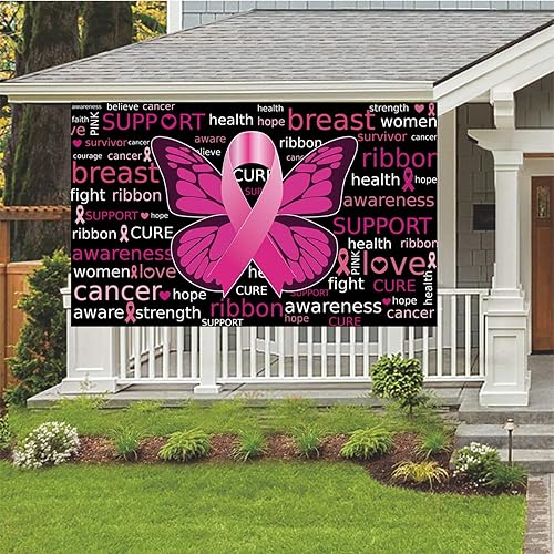 Miniatura 7 de Cartel de fondo de concientización sobre el cáncer de mama con 70.8 x 43.3 pulgadas, pancarta de cinta rosa con texto en inglés "Hope Faith