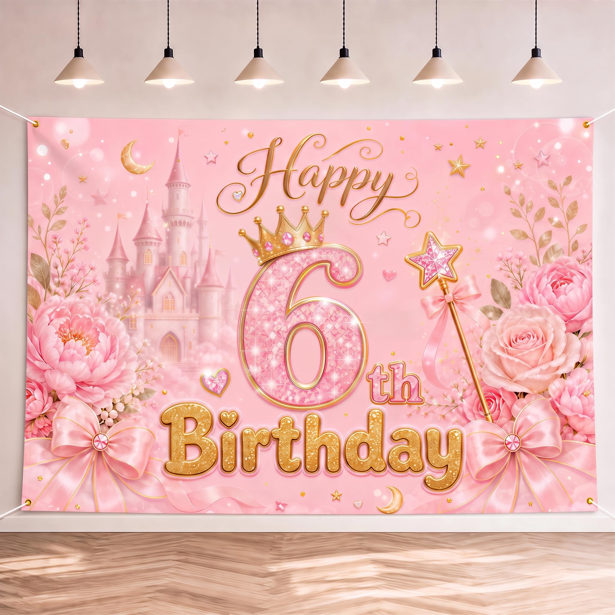 Geukmun Happy 6th Birthday Banner Backdrop for Girls Decorations 150x100cm
