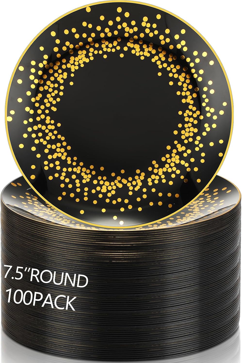 Hsei 100 Pcs Black and Gold Plastic Plates Bulk Halloween Disposable Gold Dot Dinner Round Dessert Plate for Dinner Wedding Birthday Christmas Thanksgiving Party(7.5 Inch)