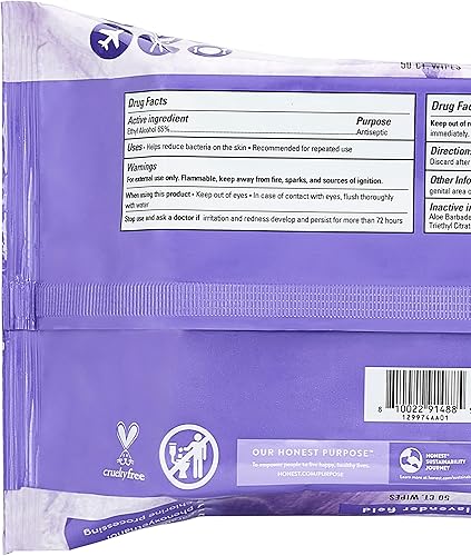 Miniatura 7 de The Honest Company Toallitas desinfectantes con alcohol  Mata el 99% de los gérmenes, hechas con aloe  Lavanda, 150 unidades (10 paquetes de 15)