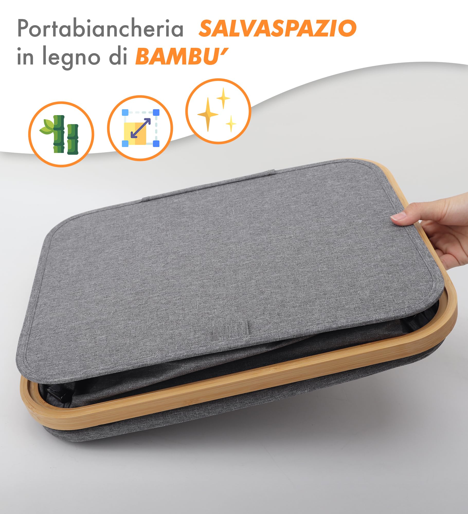 IlGruppone Cesto Portabiancheria con Coperchio Cesta Bucato 100L con Sacco Interno Removibile Tessuto Oxford Manici in bambù Pieghevole Grande Biancheria Sporca - Grigio