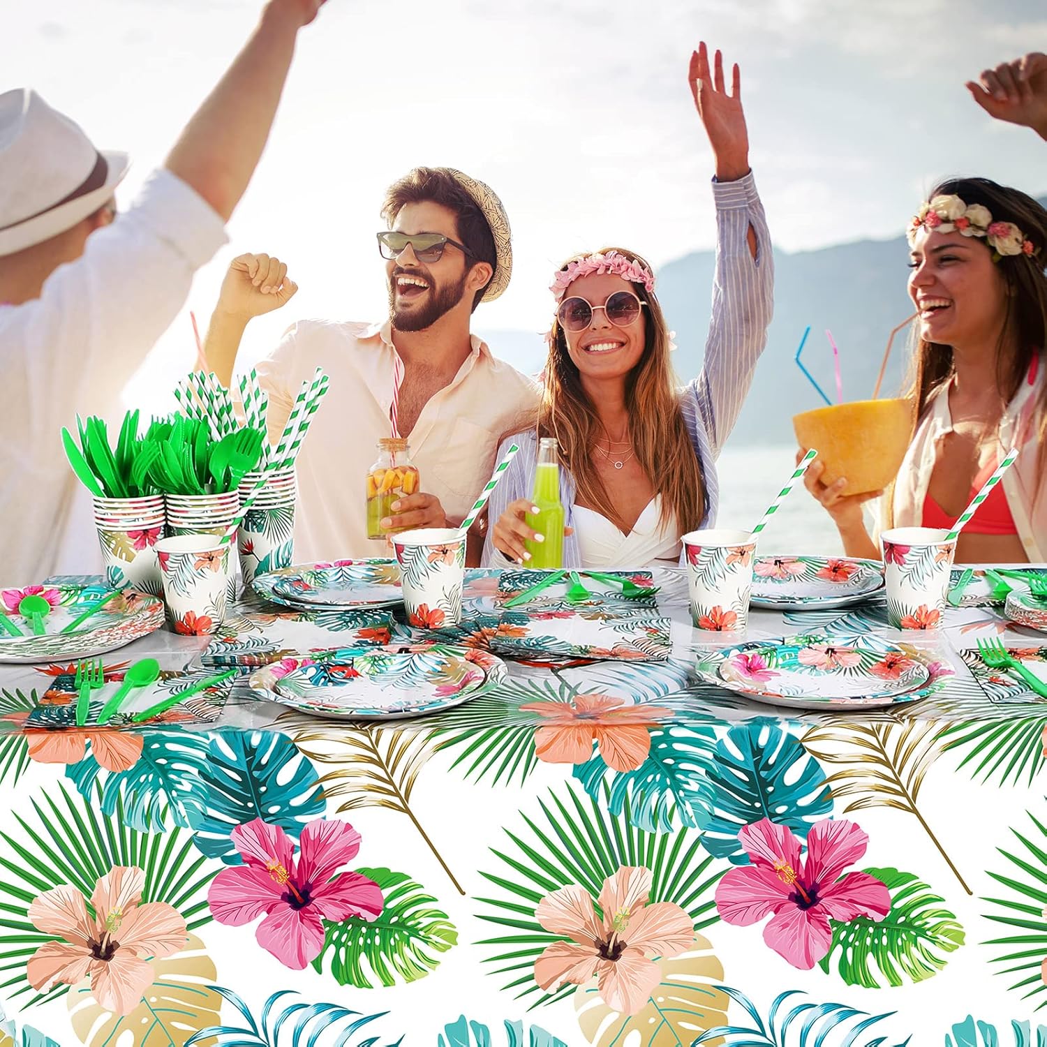 Mumufy 194 Pcs Hawaiian Luau Party Decorations Supplies Set Tropical Birthday Party Summer Beach Luau Party Dinnerware Includes Plates Napkins Cups Straws Cutlery and Tablecloth for 24 Guests Adults