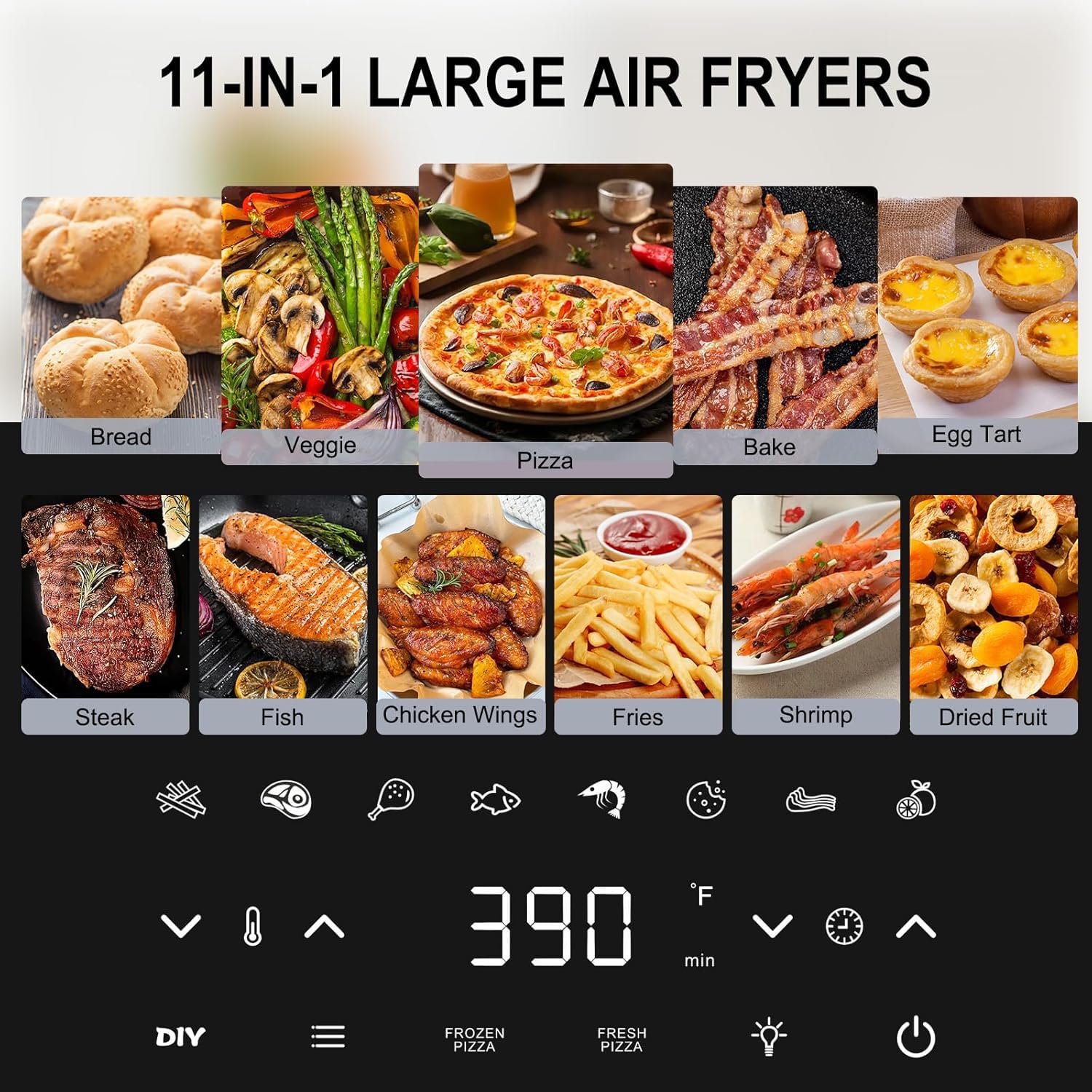 Forno per pizza e friggitrice ad aria, 4,3 l, 11 in 1, con tecnologia di flusso d'aria superiore e inferiore, display digitale, grande finestra di visualizzazione, piastra grill, fino a 32 ali di