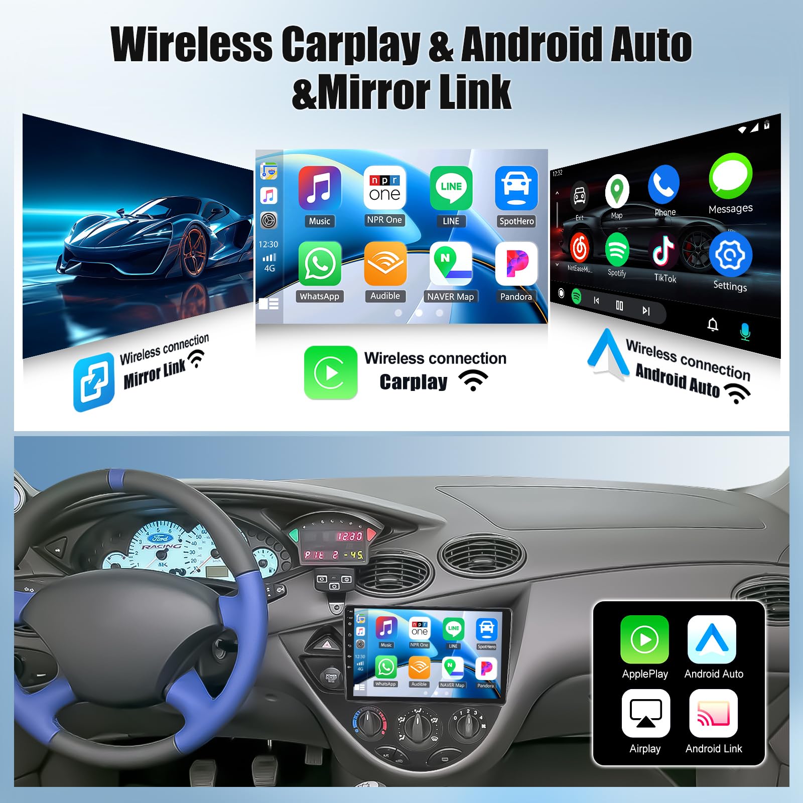 OiLiehu 4+64GB Android 13 2 DIN Carplay Android Auto Autoradio para Ford Focus MK1 C170 1998-2005 Pantalla Radio Coche 9 Pulgadas Mirror Link Bluetooth FM/RDS GPS WiFi SWC EQ Camara Marcha Atras