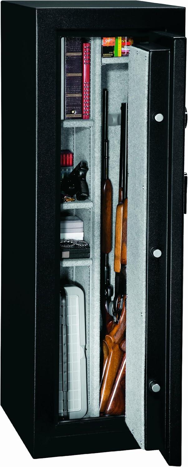 Interior nutup-up view of the Stack-On safe showing adjustable shelves, pistol storage, and rifle barrel rests.