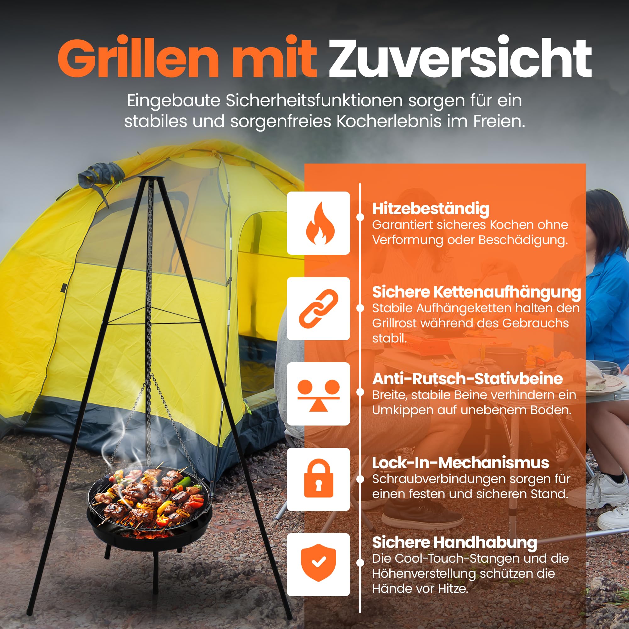 BBQ Multi-Grill Schwenkgrill, Tripod Set,160 cm,Dreibein mit Feuerschale,Grillrost,Räucherplanken & Topf, Höhenverstellbar, Outdoor Grillen, Kochen im Garten schwarz