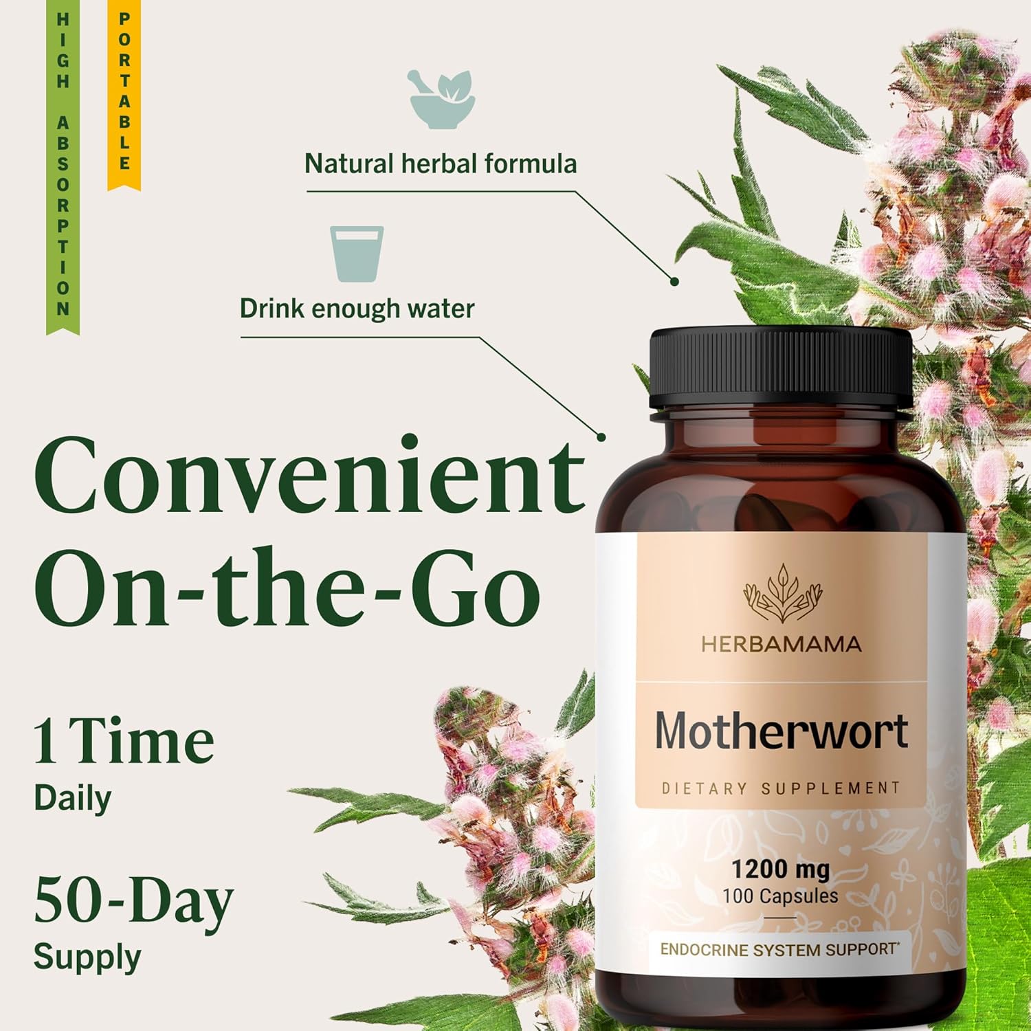 HERBAMAMA Motherwort Capsules – Natural Menopause Supplements* for Women – 1,200mg Motherwort Herb Powder per Serving for Women's Mood & Calm Support – Vegan, Non-GMO – 50-Day Supply - Image 6