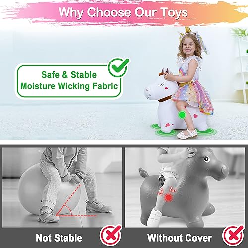 Miniatura 4 de iPlay, iLearn Bouncy Pals - Caballo de salto blanco, juguete inflable de tolva de animales con bomba, juguete de peluche para montar en casa,