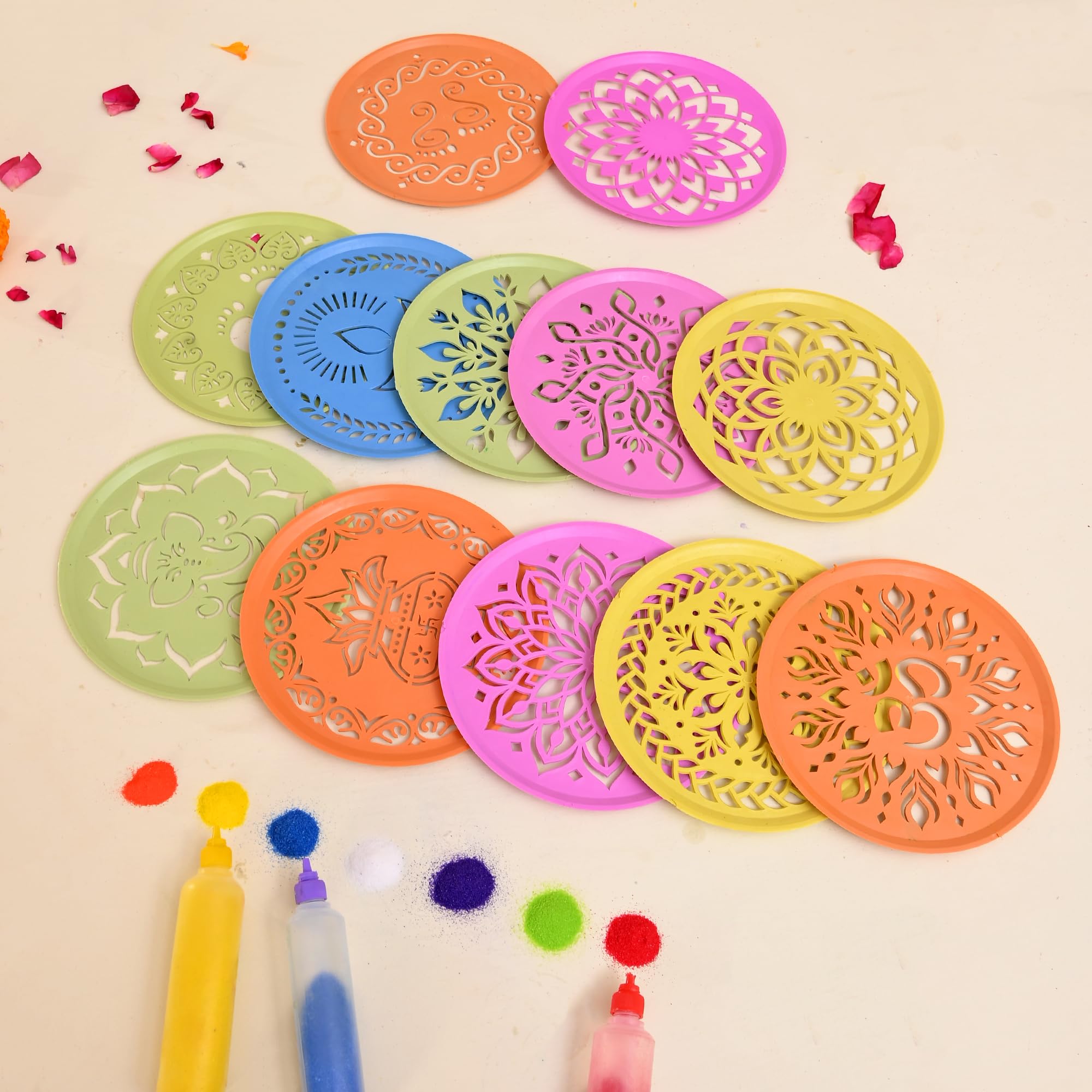 Swadeshi Desire™ Rangoli Stencil Set of 12, Diwali Decoration Items, Rangoli Making Stencils for Floor Decorations