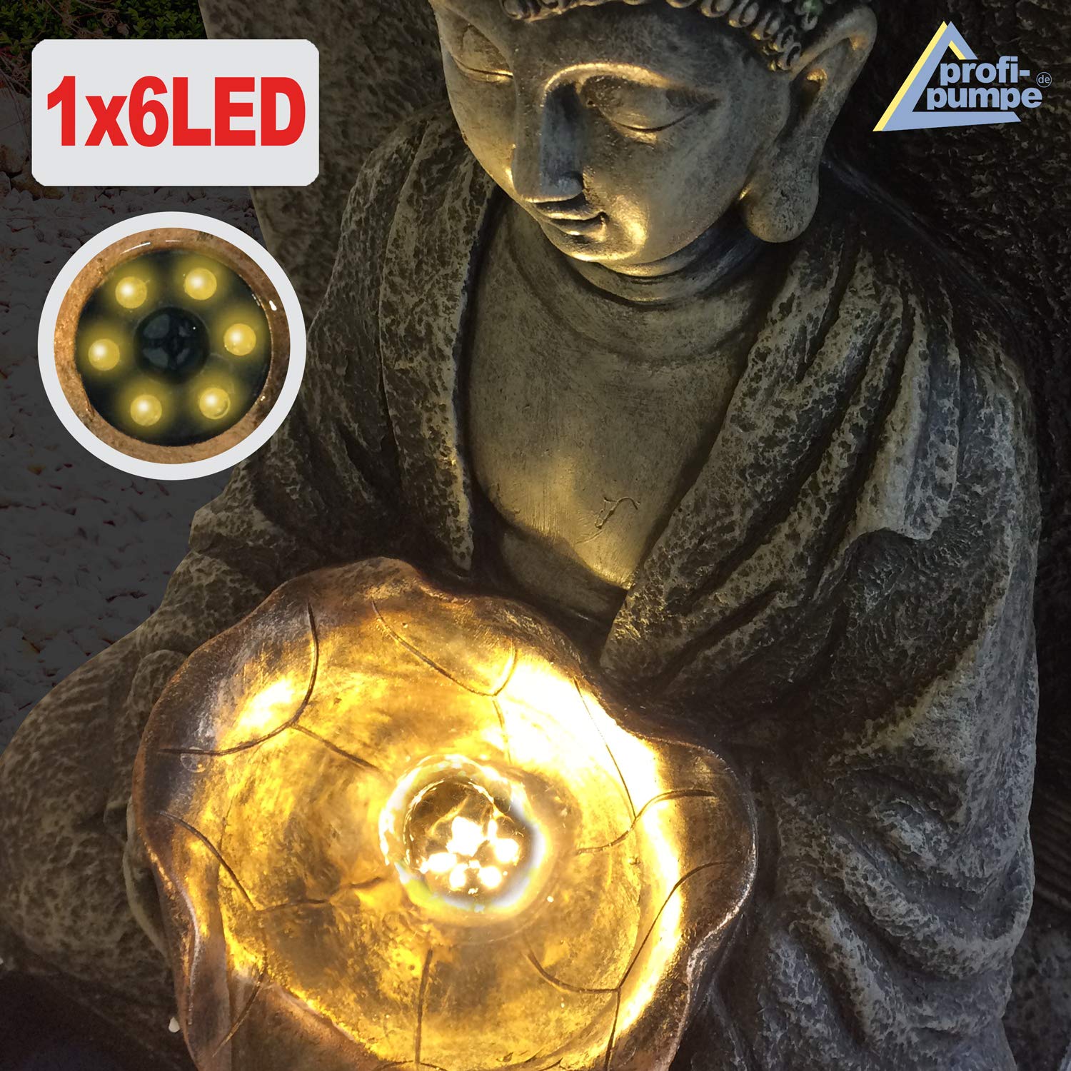 Solar Gartenbrunnen Brunnen Solarbrunnen Zierbrunnen Wasserfall Zen Ruhe-Quelle lichtgrau Gartenleuchte Teichpumpe für Terrasse, Balkon, mit Pumpen-instant-Start-Funktion mit Liion-Akku & Led-Licht