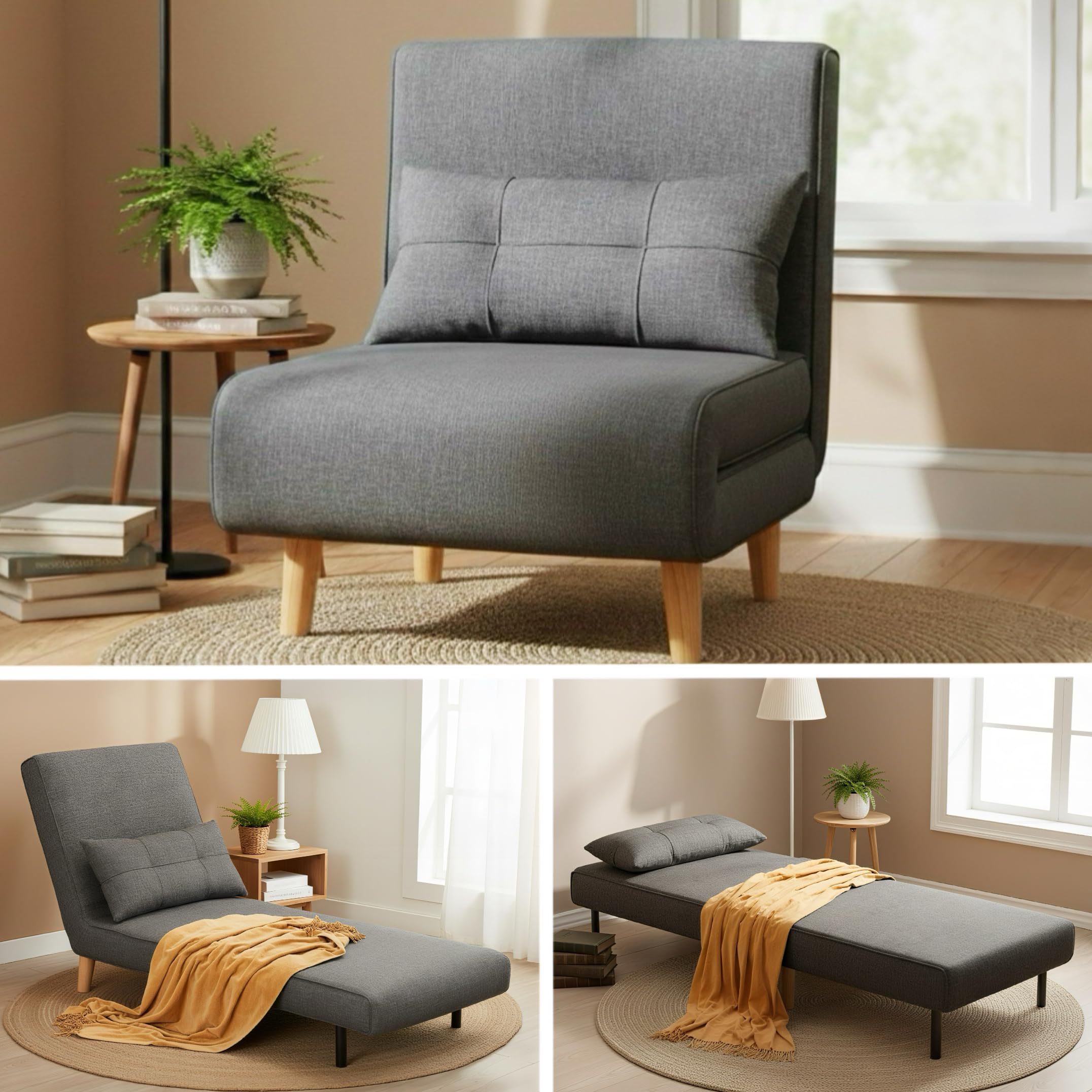 Ahomly Convertible Sleeper Chair, 3 in 1 Chair Bed, Futon for Adults with 6 Angle Adjustable Backrest, Single Sofa Bed for Living Room/Apartment/