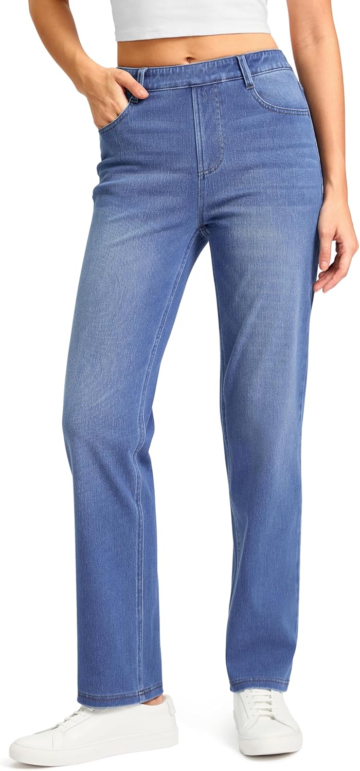 Rammus Straight Leg Jeans for Women Stretchy Pull on Sweatpant Jean Trendy Tummy Control High Waisted Denim Pants