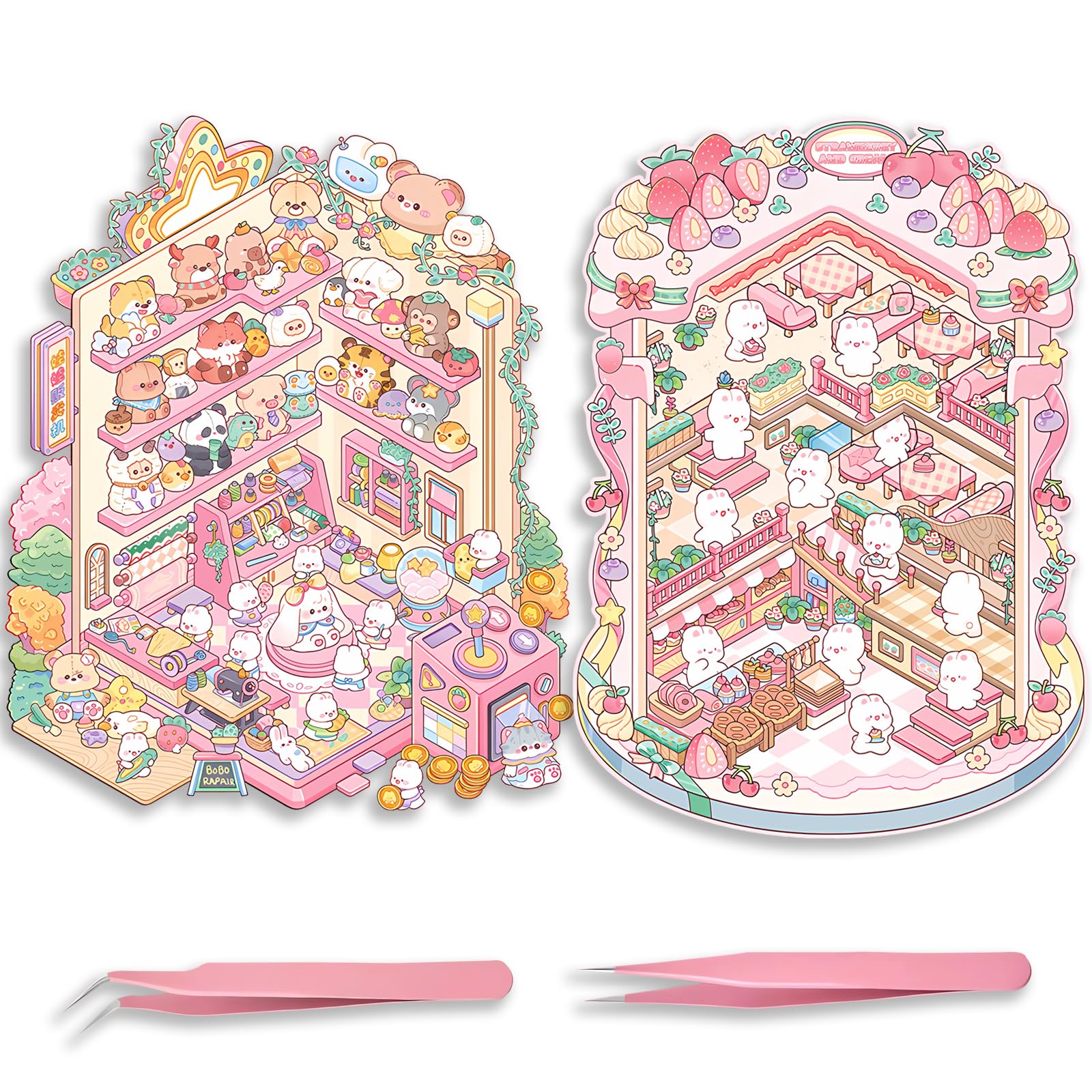 AiMQnLe DIY 3D Scene Stickers – 2 XL Sets (Panda Garden & Girl’s Party) – Extra Large Cute Cartoon Stickers For Stress Relief, Gifts & Fun