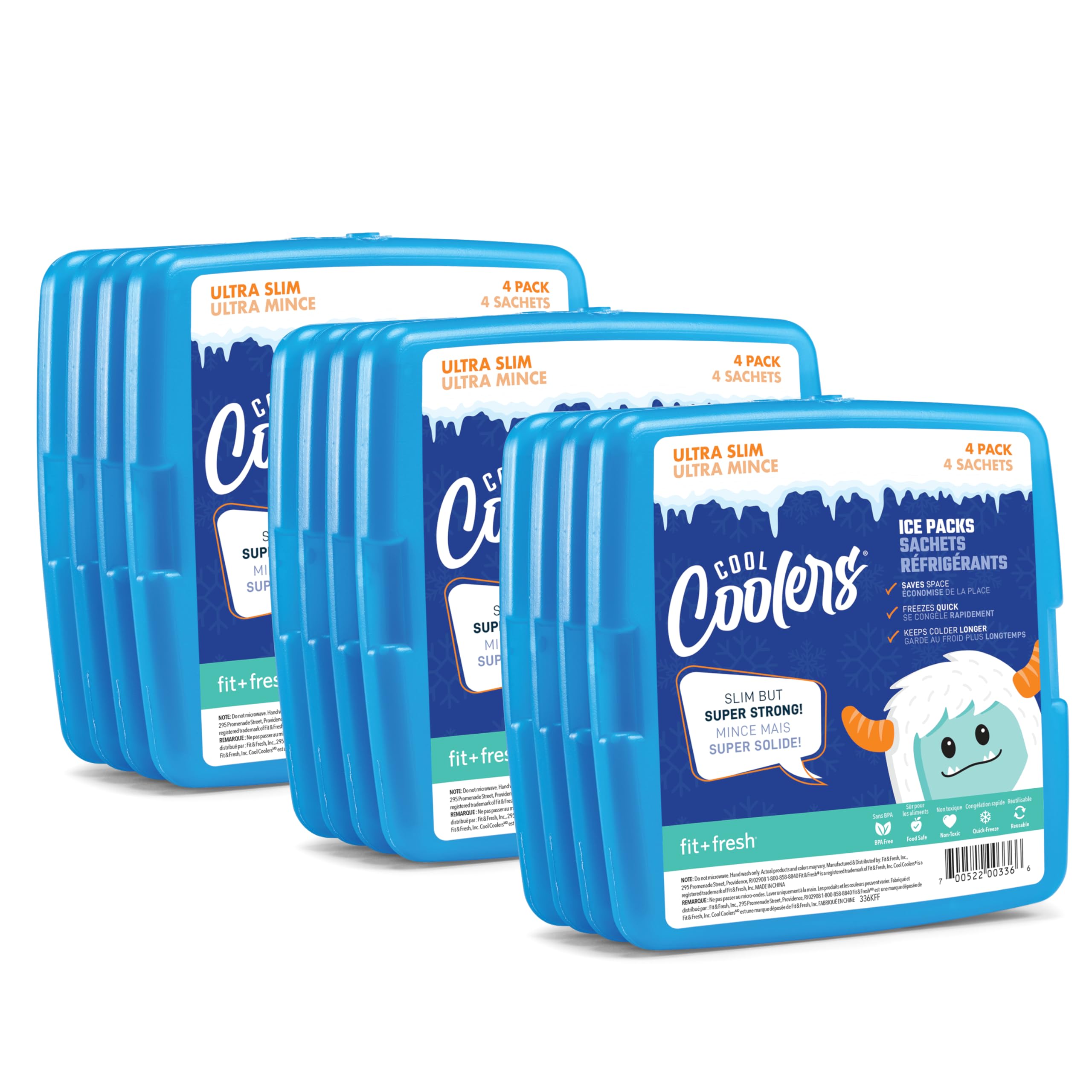 Cool Coolers By Fit & Fresh 12 Pack Slim Ice Packs, Quick Freeze Space Saving Reusable Ice Packs for Lunch Boxes or Coolers, Clear Blue Kids Ice,12 Pack