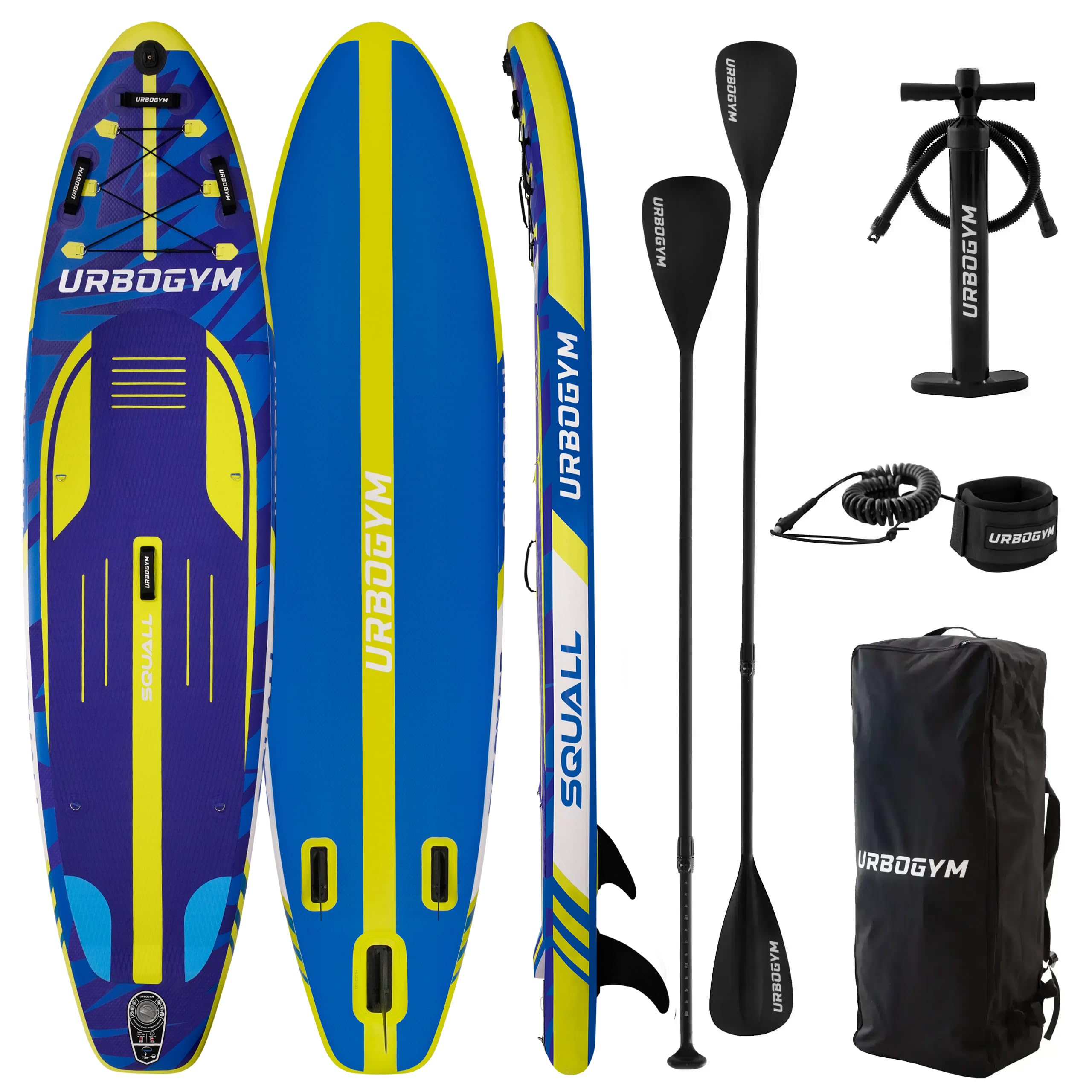 Squall 320 SUP Board 320×81×15cm bis 150kg – stabiles aufblasbares Stand Up Paddle Board Komplett-Set mit 2in1-Paddel, Doppelhubpumpe, Rucksack, Leash, 3 Finnen, Kick-Pad und Kamerahalterung