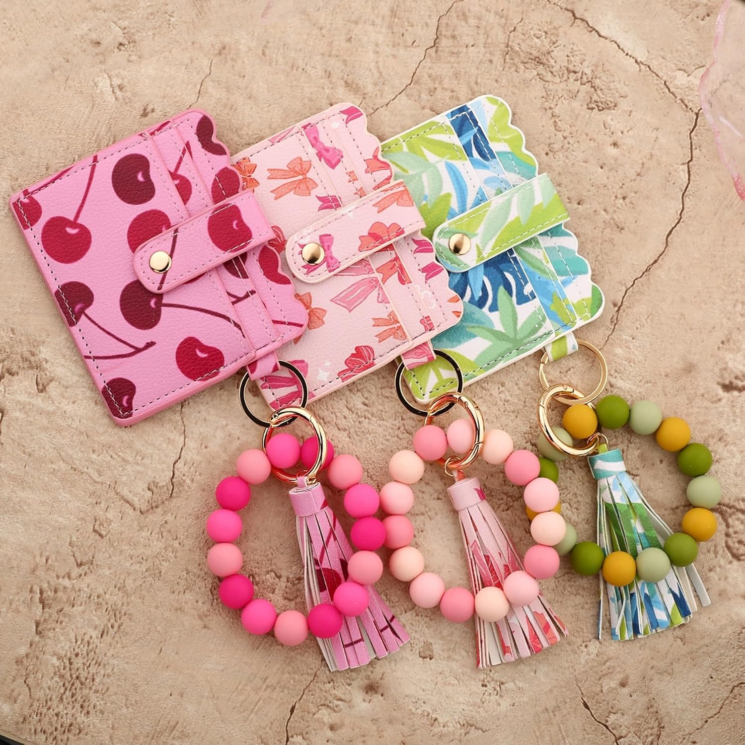 Printed Pattern Wristlet Keychain Wallet for Women Boho Credit Card Holder Aesthetic Bracelet Silicone Beaded Coin Purse (E) - Image 5