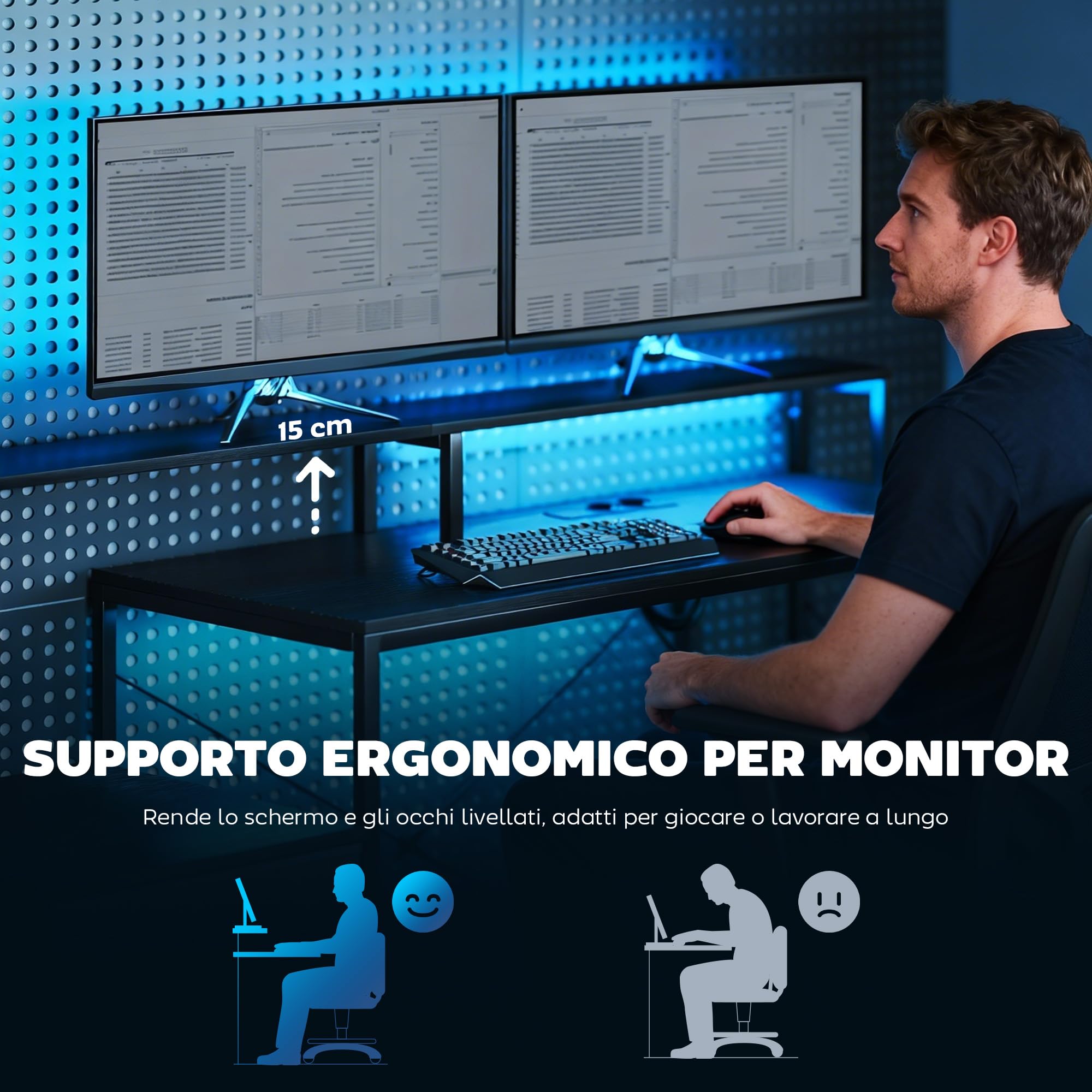 HOMCOM Scrivania Gaming ad L con Multipresa, Luci LED, 165x80 cm Scrivania PC con 2 Cassetti in Tessuto, 2 Scaffali Aperti, Tavolino Laterale e 2 Supporti per Monitor, in Truciolato e Acciaio, Nero