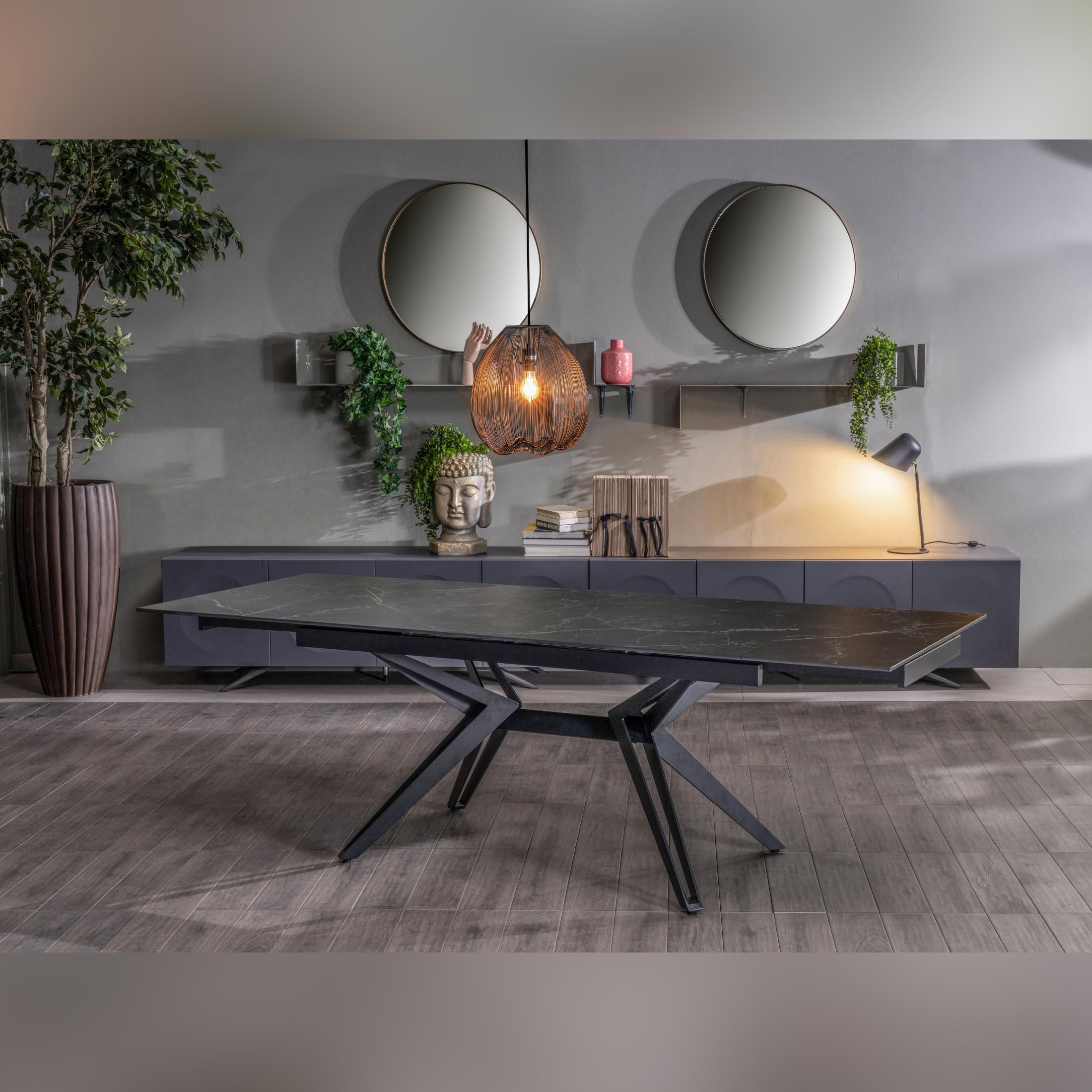 MONDO VIRO Tavolo moderno da pranzo Horeca allungabile con piano in ceramica effetto marmo (Ceramica Marmo Nero)