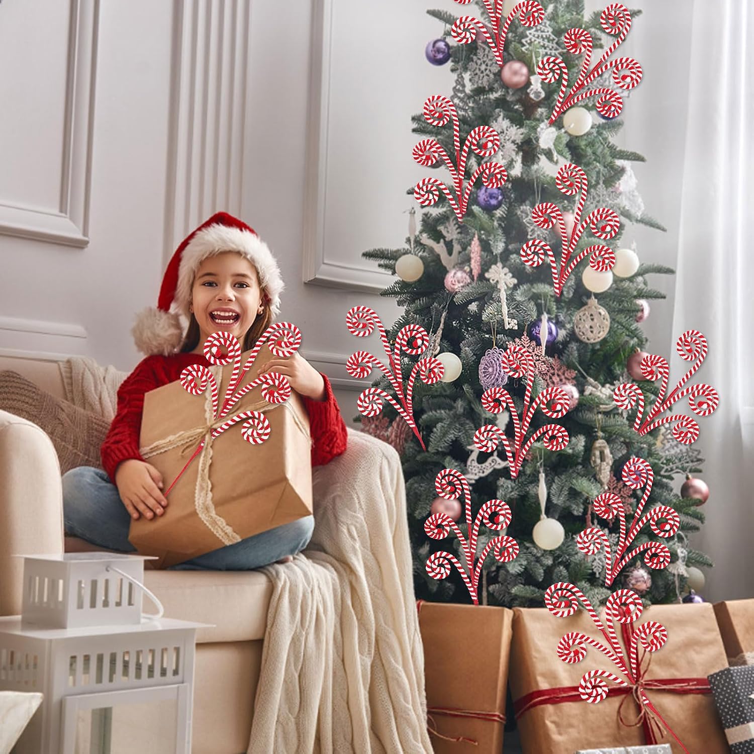 RINOLY 6 Pcs Christmas Tree Topper,17 in Red and White Candy Cane Christmas Tree Picks, Gingerbread Tree Picks Christmas Tree Decorations Candy Cane Ornaments Holiday Decors Vase Filler - Image 3