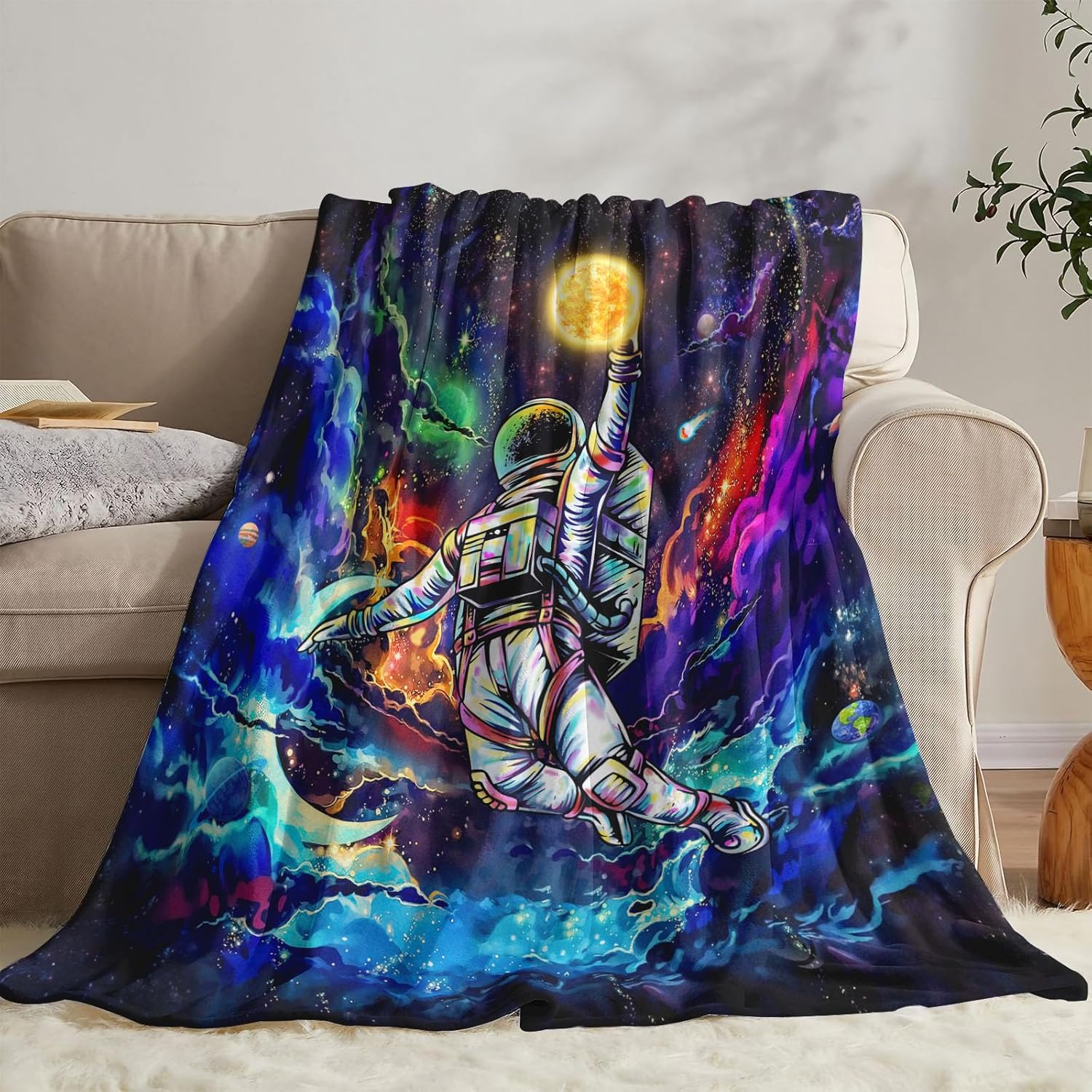 kampdream Fleece Throw Blanket, Galaxy Universe Planet Blankets for Men, Boys and Teens Starry Sky Nebula Stars Comforter Nap Throws for Couch Chair Bed Decor Comforter (Astronaut, 40.00" x 50.00") - Image 3