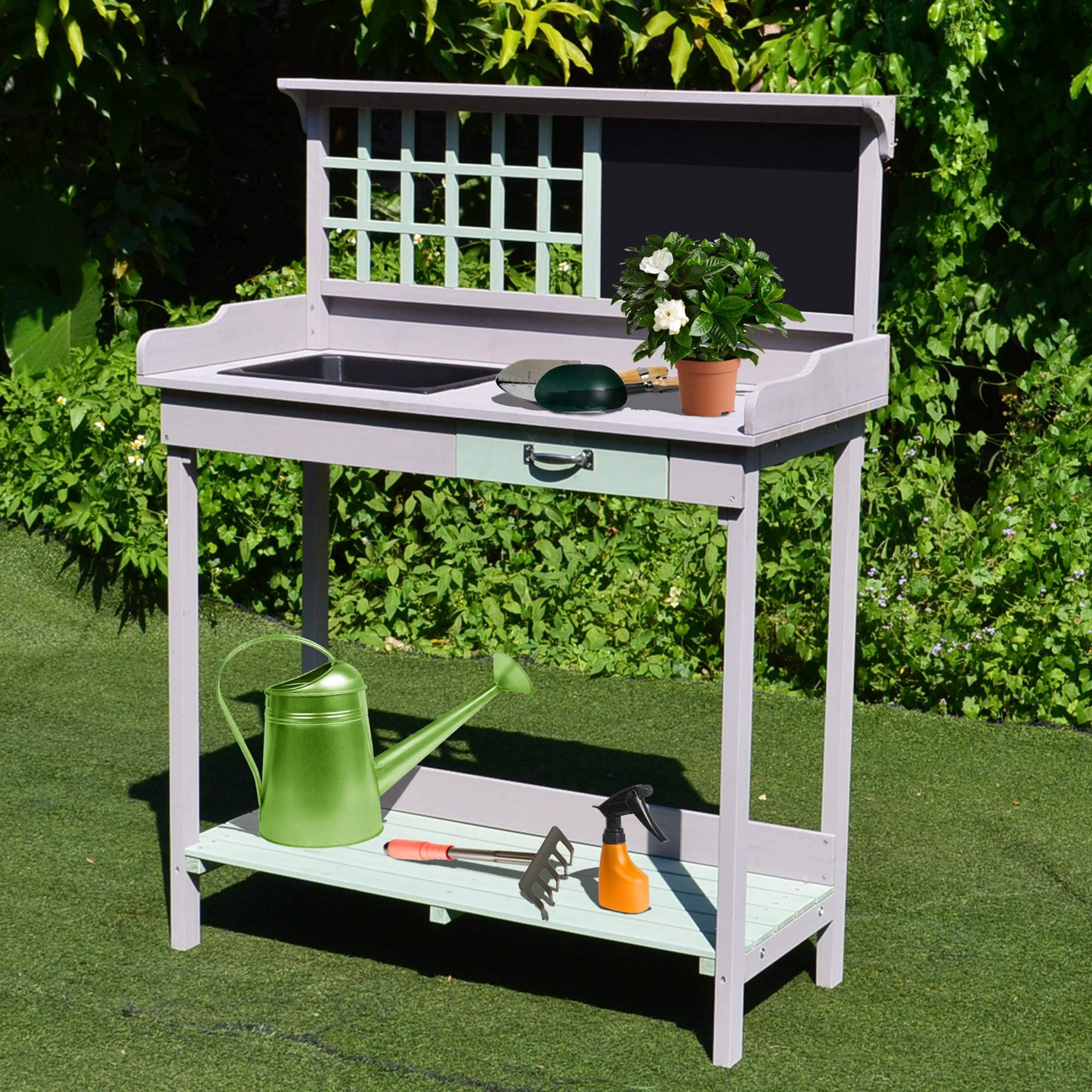 Outsunny - Mesa de jardinería con cajón, estante, fregadero 92 x 42,5 x 119,5 cm. Mesa de plantación de madera maciza, pino pre-aceitado, gris, verde menta