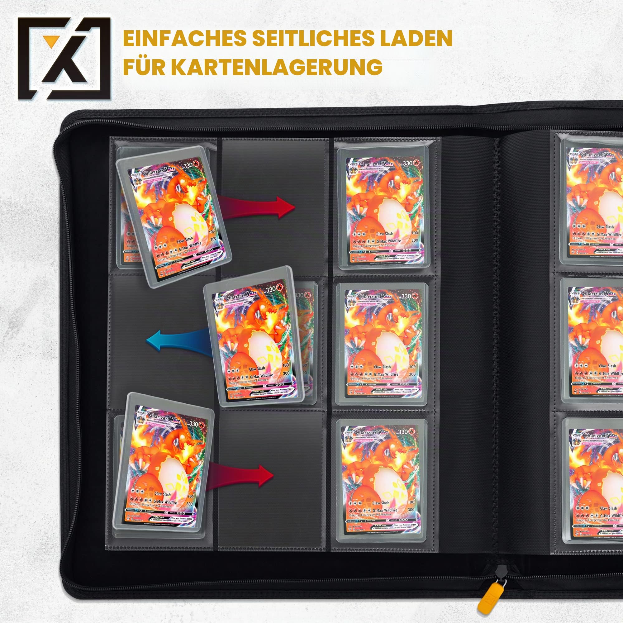 X PRO TopLoader Binder | Für 200+ Toploader-Hartschalenhüllen | Sammelkartenalbum mit 9 Taschen | Langzeitaufbewahrungsbinder | Seitliche Ladehüllen