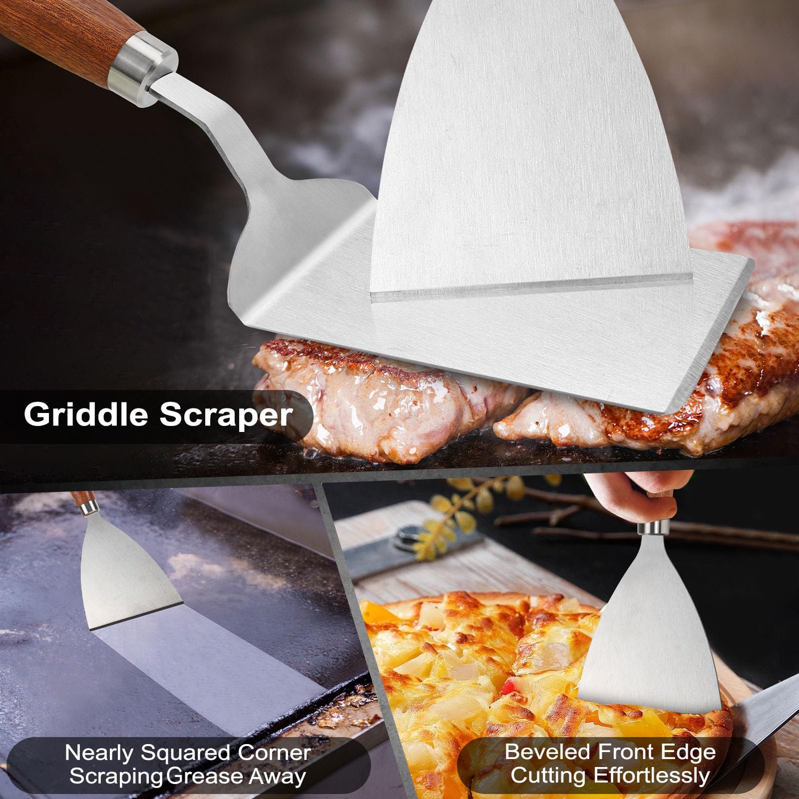 Juego de 3 espátulas de acero inoxidable, espátulas de metal para sartén de hierro fundido, espátulas sólidas y ranuradas resistentes, raspador de plancha con mango de madera y borde biselado 5