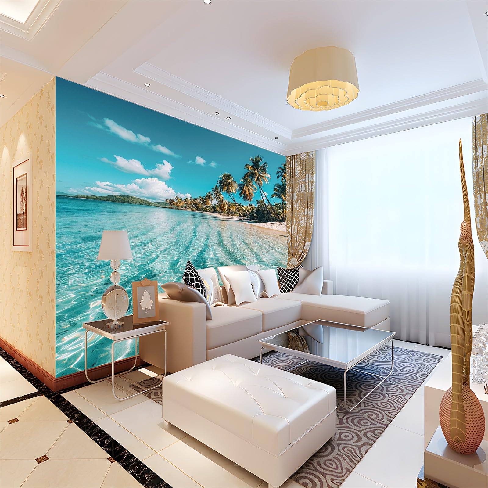 Fototapeta, palmy, morze, murale, plaża, 250 x 175 cm (szer. x wys.), fototapeta, niebieska tapeta, mural sztuka ścienna do salonu, sypialni, pokoju dziecięcego, korytarza