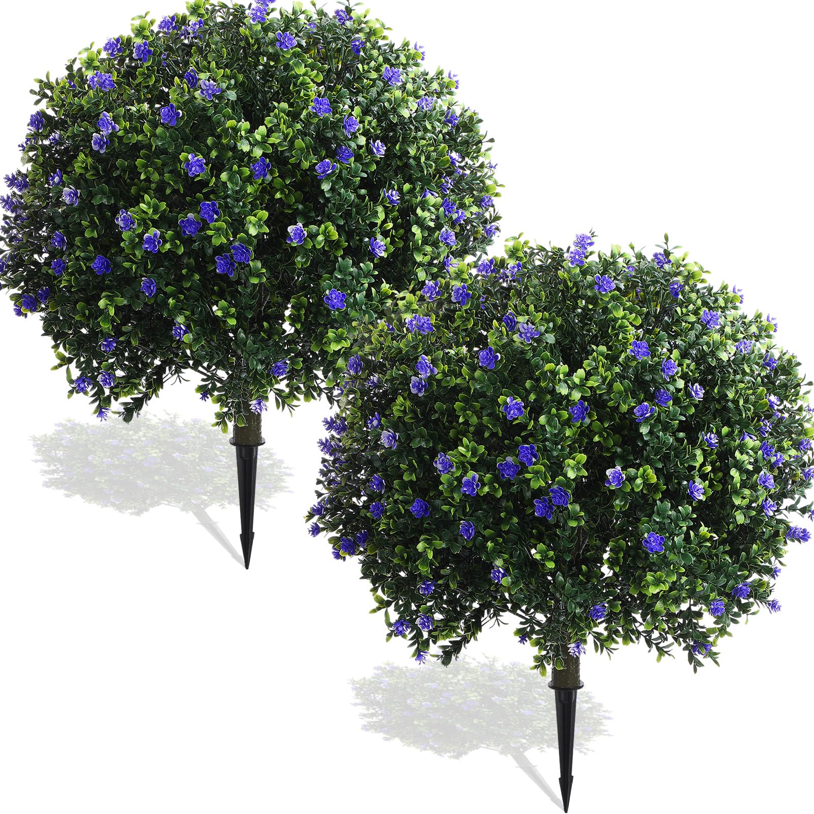Yunlly Set of 2 Artificial Boxwood Topiary Ball Tree 27 Inch Outdoor Boxwood Balls with Flower Faux Bush, UV Resistance Fake Shrub Plant with Spike for Garden Porch Patio Decor(Purple,27x18inch)