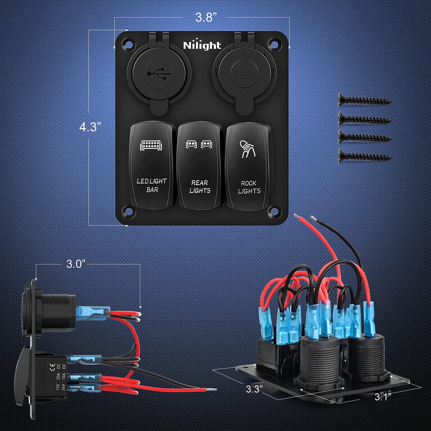 Nilight ３ Gang Rocker Switch Panel with USB Charger and Cigarette Lighter 12V 24V Toggle LED Light Bar Rear Lights Rock Switches for Cars Rvs Trucks