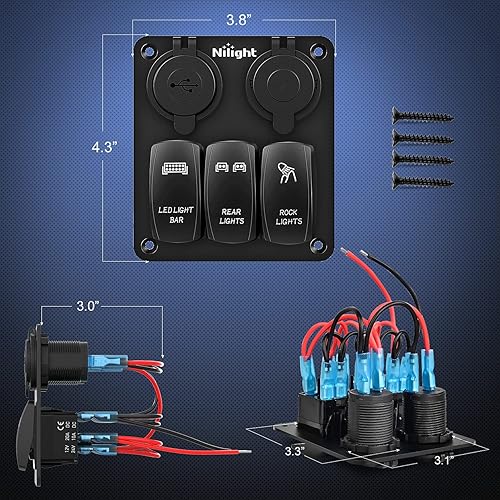 Miniatura 6 de Nilight Panel de interruptor basculante de 3 bandas con cargador USB y encendedor de cigarrillos, interruptor de palanca de 12 V 24 V, interruptor