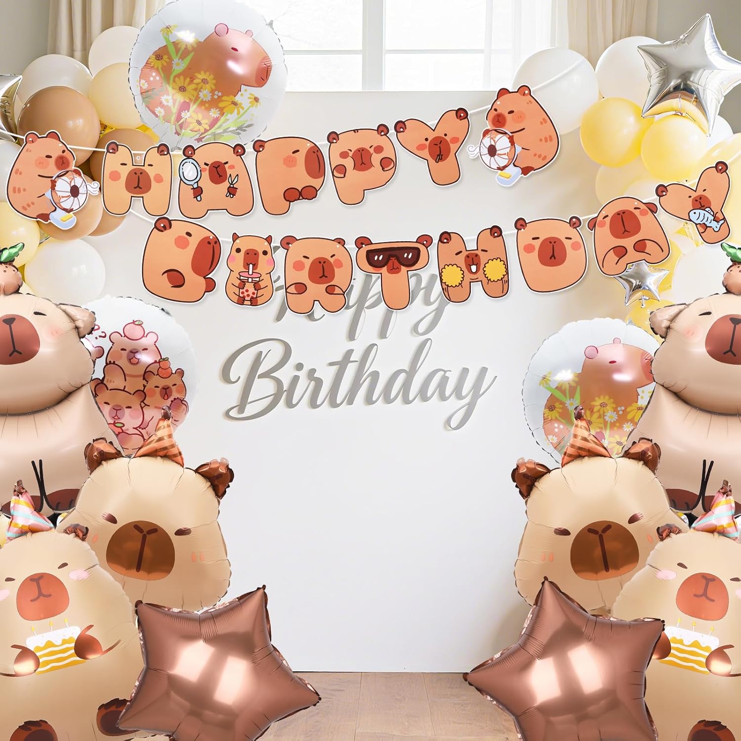 13 Pcs Brown Capybara Birthday Decorations, 12 Reusable Animal Capybara Balloons with 1 Banner, Durable Foil Balloons for Baby Shower Decorations, Gender Reveal Party Decoration for Party Decor - Image 5