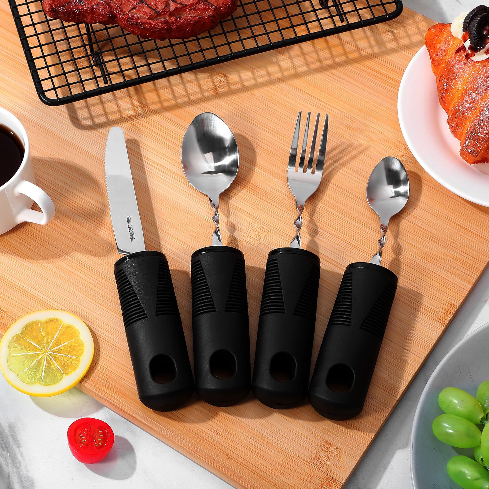 Cubiertos Adaptados de 4 Piezas Mango Flexible Negro para Apoyo Diario