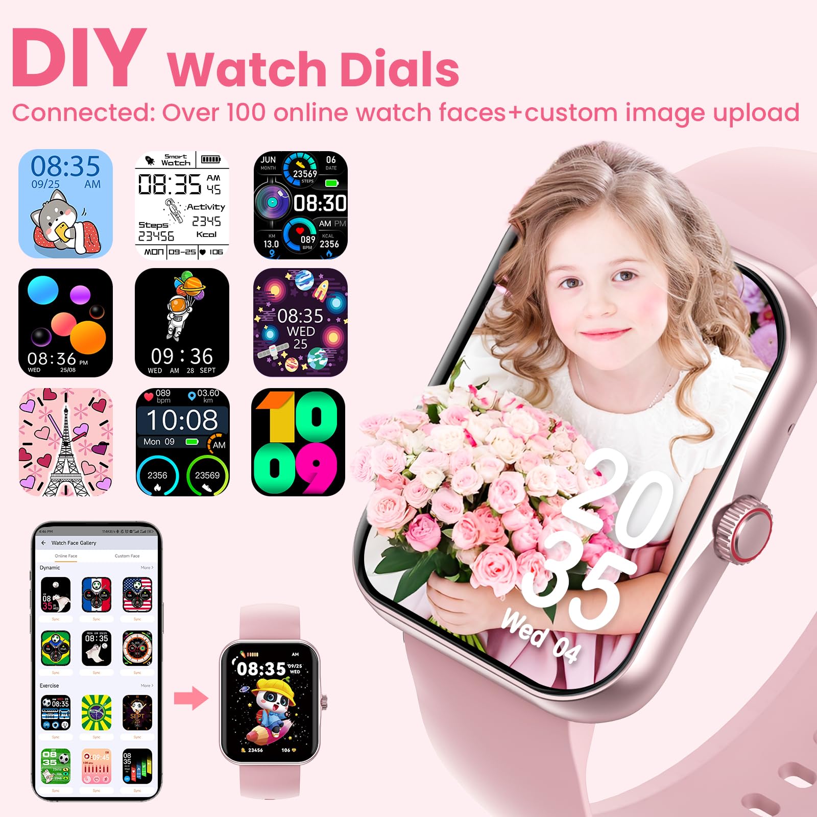 PTHTECHUS Montre Connectée Enfant avec Appel Bluetooth, 1,83" Fitness Tracker pour Garçon Fille 5-16 Ans, 120+ Modes Sport Podomètre Réveil Jeux Étanche IP68 Cadeau Anniversaire, Rose